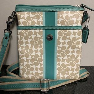 Coach tan and teal crossbody purse